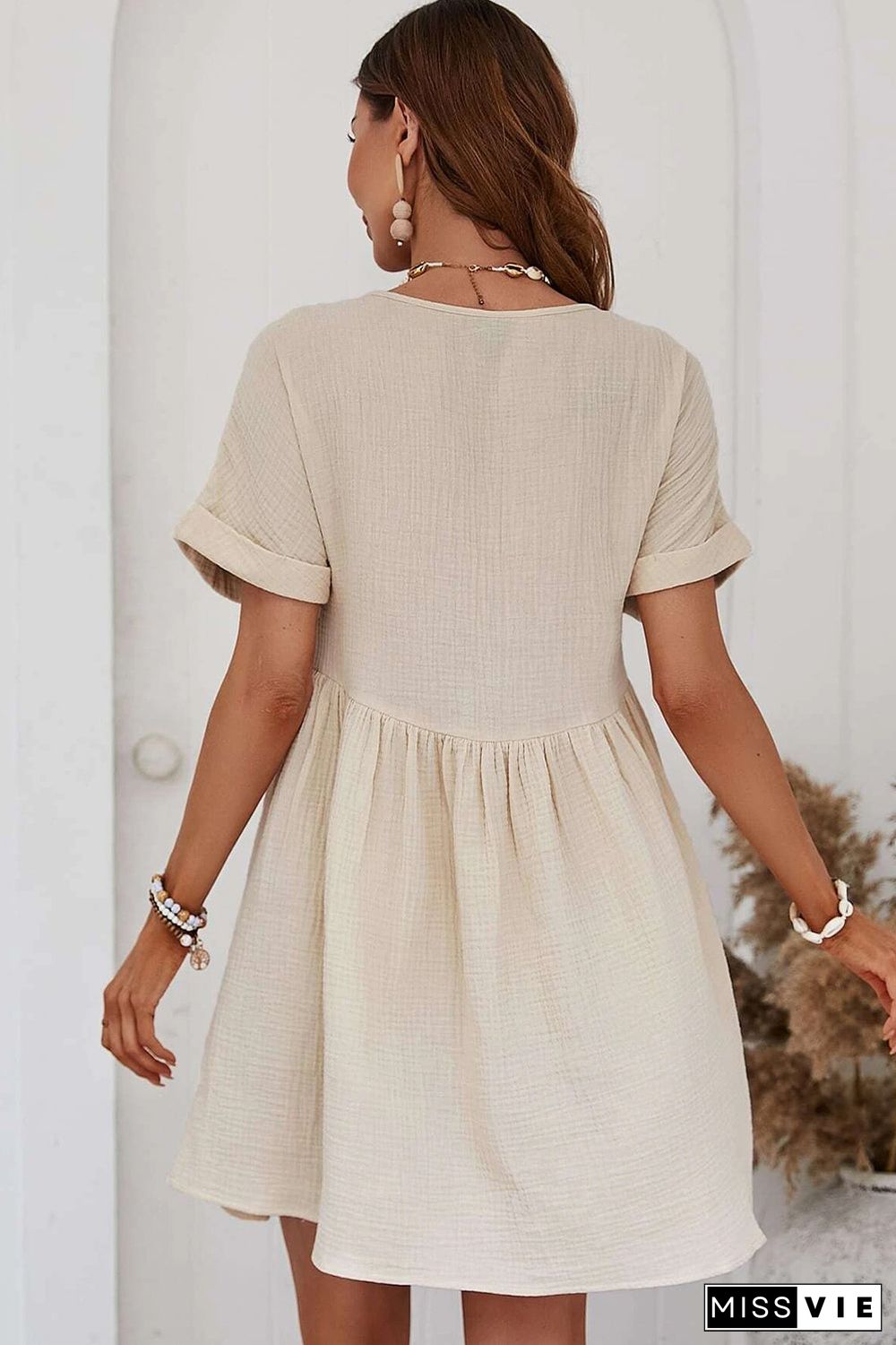 Folded Short Sleeve Lace V Neck Mini Dress