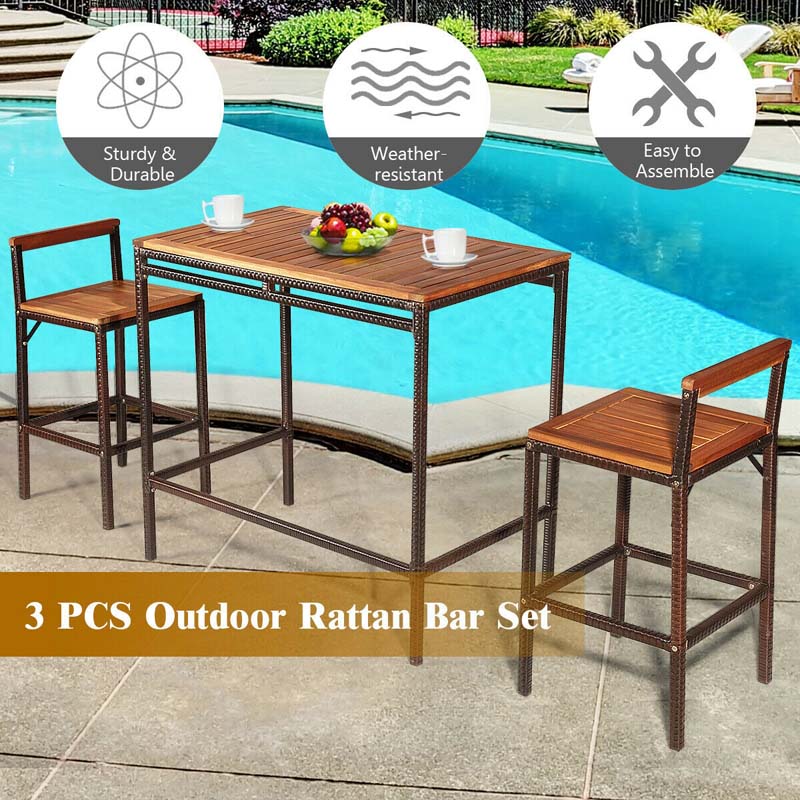 3 Pcs Rattan Wicker Patio Bar Set Dining Table Set Counter Height Bistro Set with Acacia Wood Tabletop & 2 Bar Stools