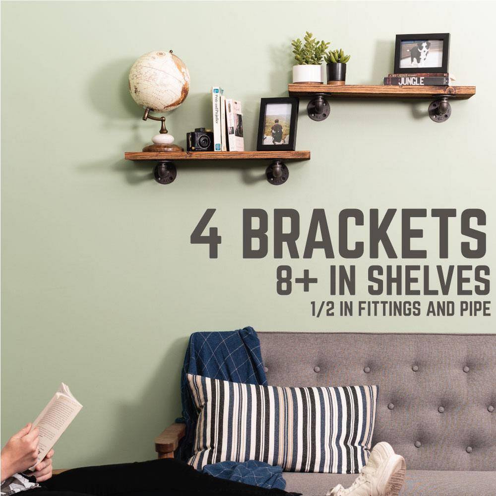 PIPE DECOR 12 in. Black Pipe 7.75 in D x 2.5 in. H Wall Mounted Double Flange Shelf Bracket Kit (4-Pack) 365 PD12X6MBRKT