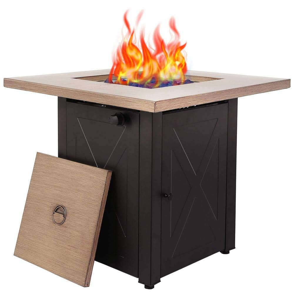 Afoxsos 28 in. 48,000 BTU Outdoor Gas Fire Pit Table, Square Outdside Propane Patio Firetable, Bionic Wood Grain Lid HDMX680