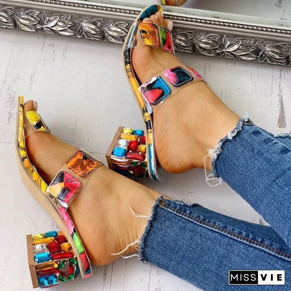 Women Colorful PVC Double Straps Rhinestone Chunky Heeled Sandals Shoes