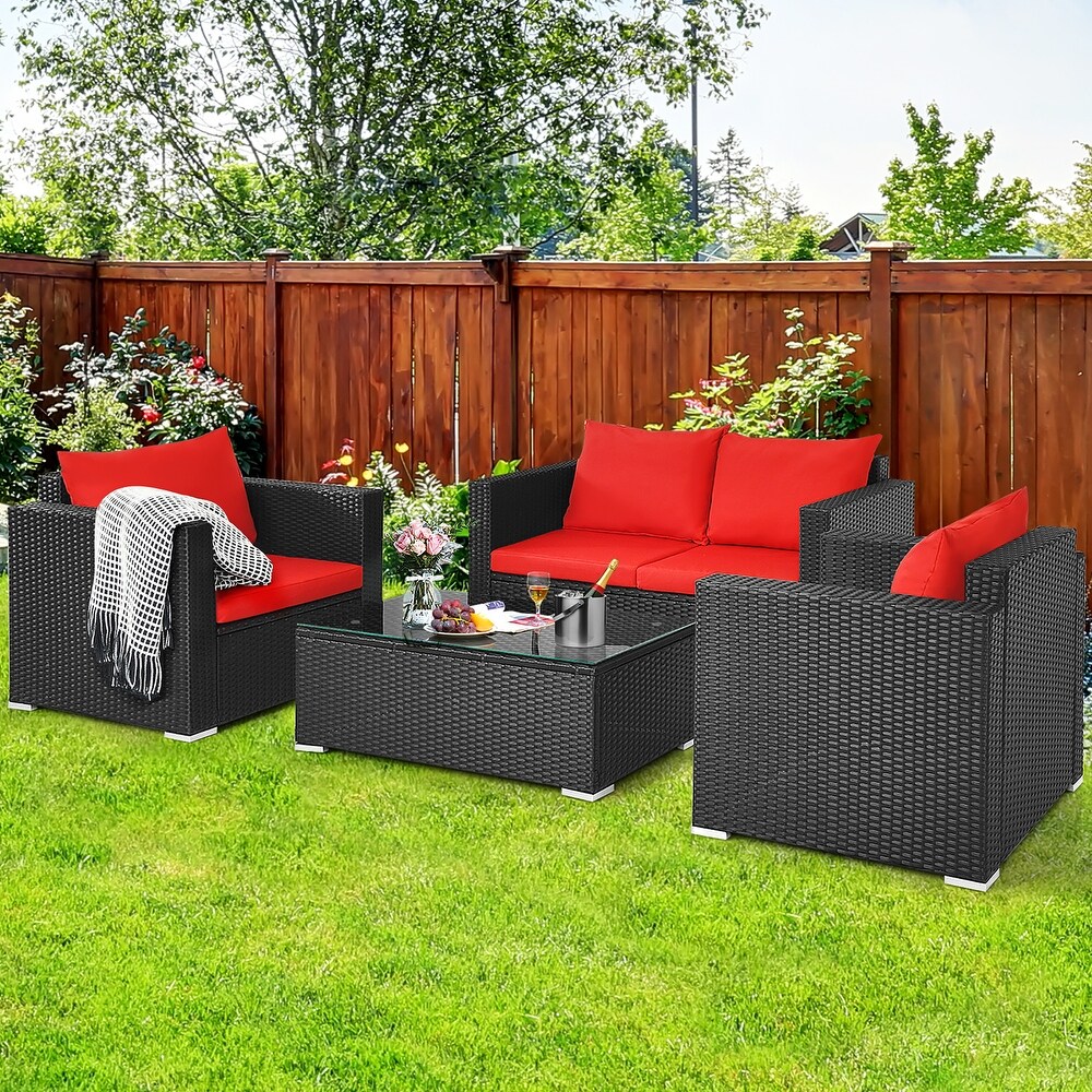 Costway 4PCS Patio Rattan Furniture Set Cushioned Sofa Chair Coffee   See Description