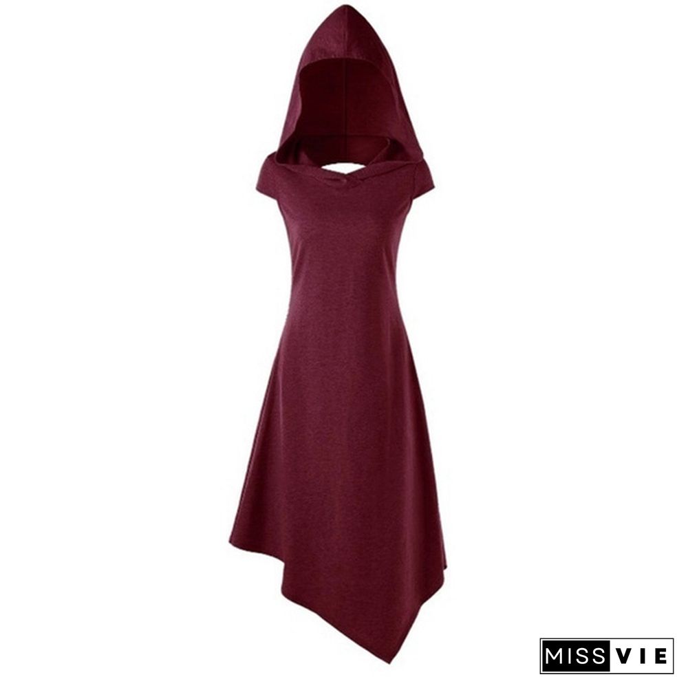 Gothic Medieval Style Women Hooded Criss Cross Irregular Handkerchief Dress Summer Casual Sleeveless Dress Asymmetrical Dresses