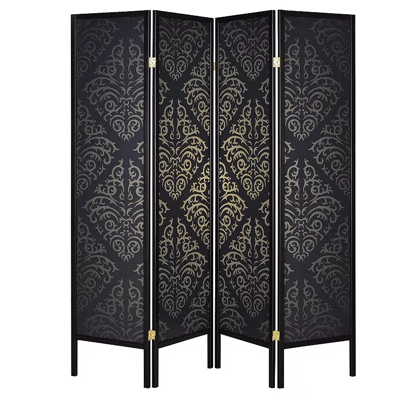 Captivating Four Panel Folding Screen With Damask Print， Black