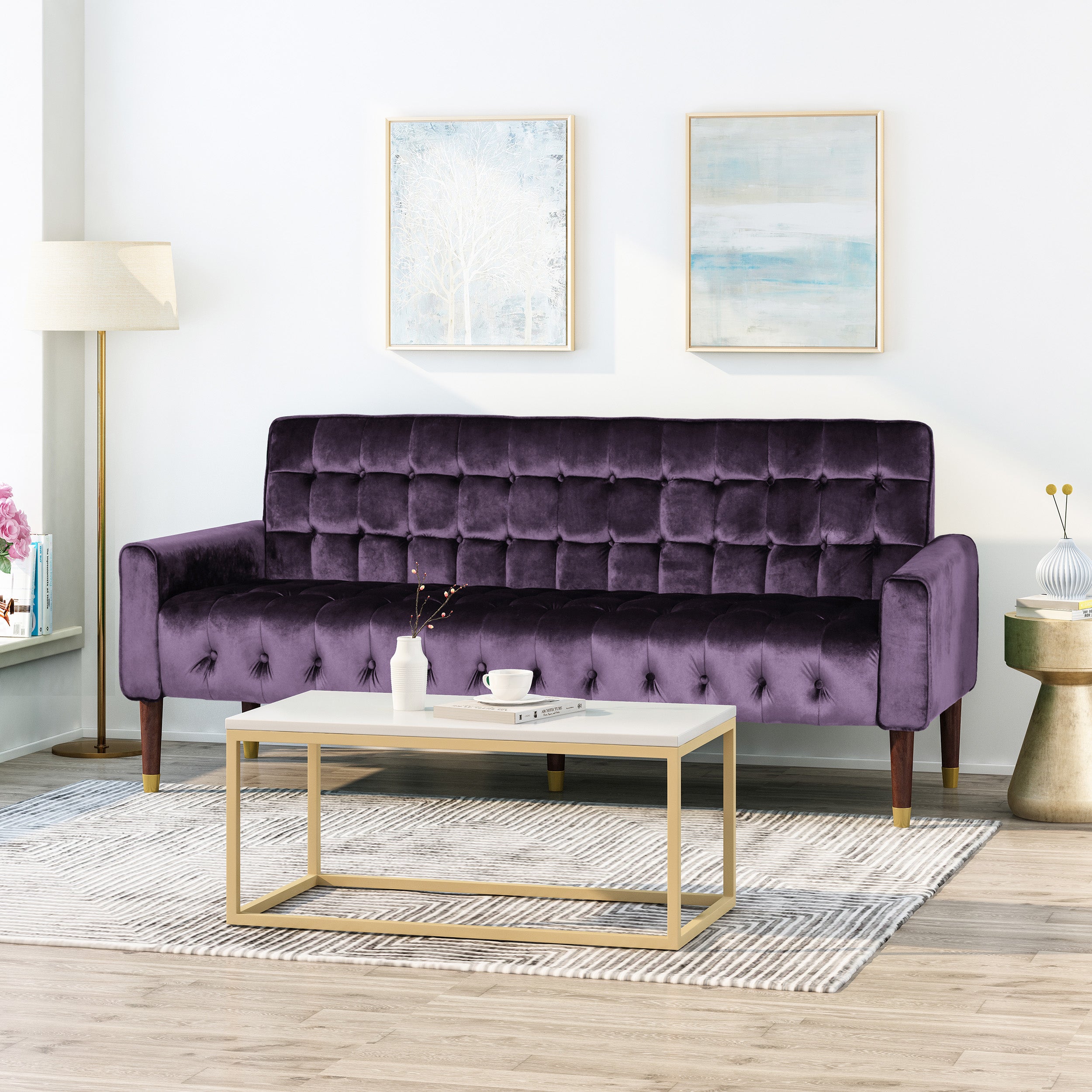 Adan Tufted Velvet Sofa with Gold Tipped Tapered Legs