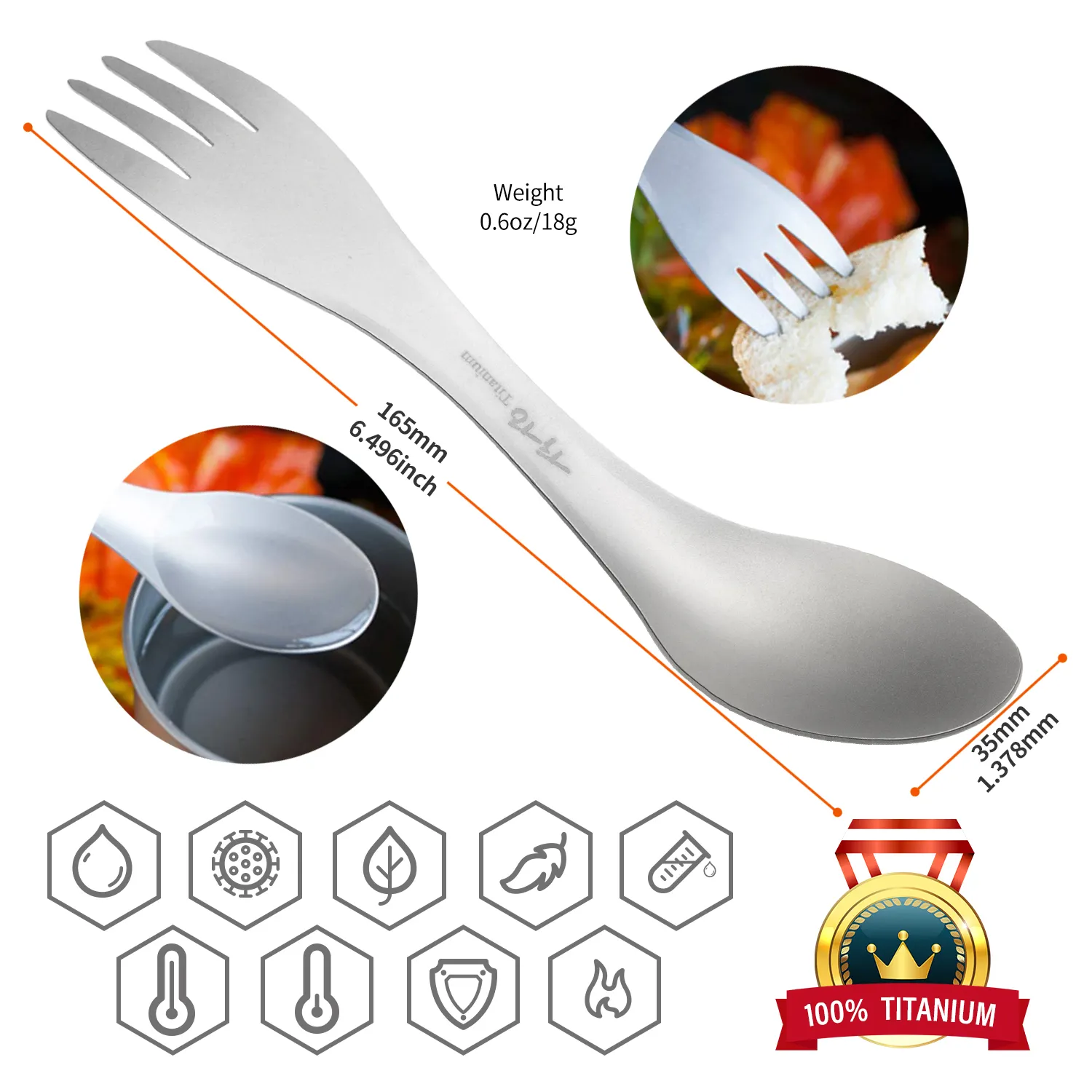 TiTo Titanium Ultralight 2 in 1 Spork Customized Camping Titanium Spork Hiking Travel Cutlery