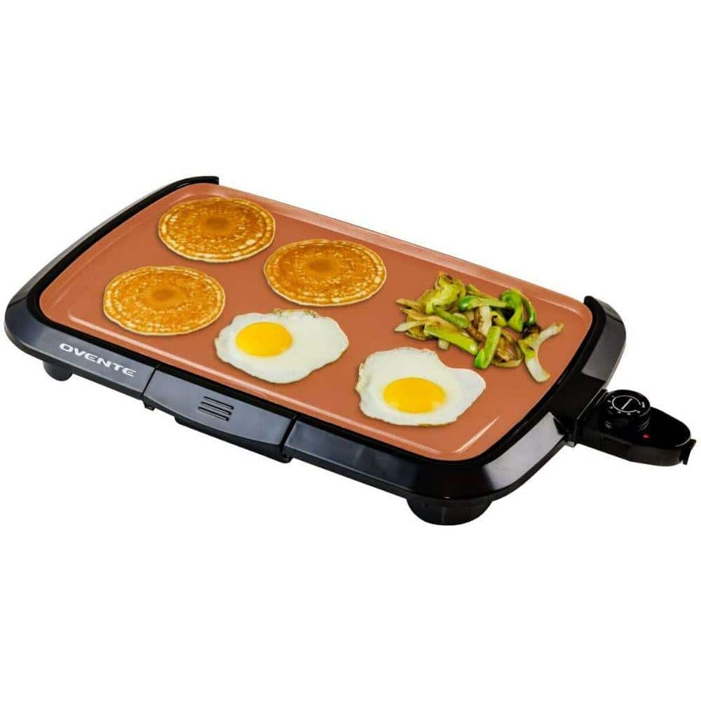 OVENTE 16 in. x 10 in. Electric Griddle Copper with Non-Stick Cast Iron Cooking Plate and Removable Drip Tray GD1610CO