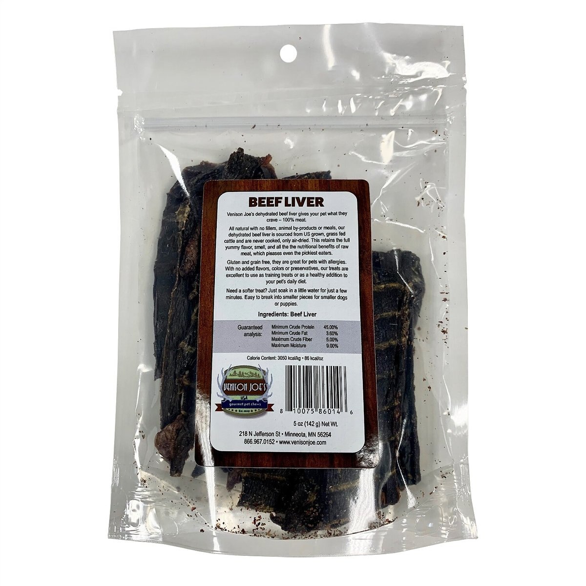 Venison Joe's Single Ingredient Beef Liver Dehydrated Dog Treat， 5-oz bag