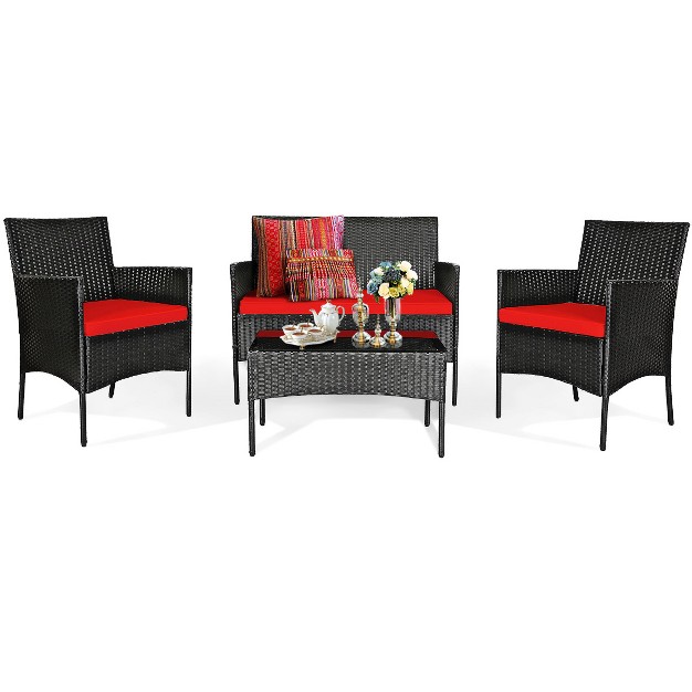 Tangkula Rattan Patio Conversation Set Cushioned Sofa With Coffee Table