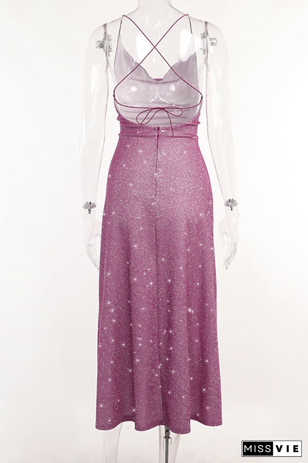 Metallic Purple Swing Collar Backless Midi Dress