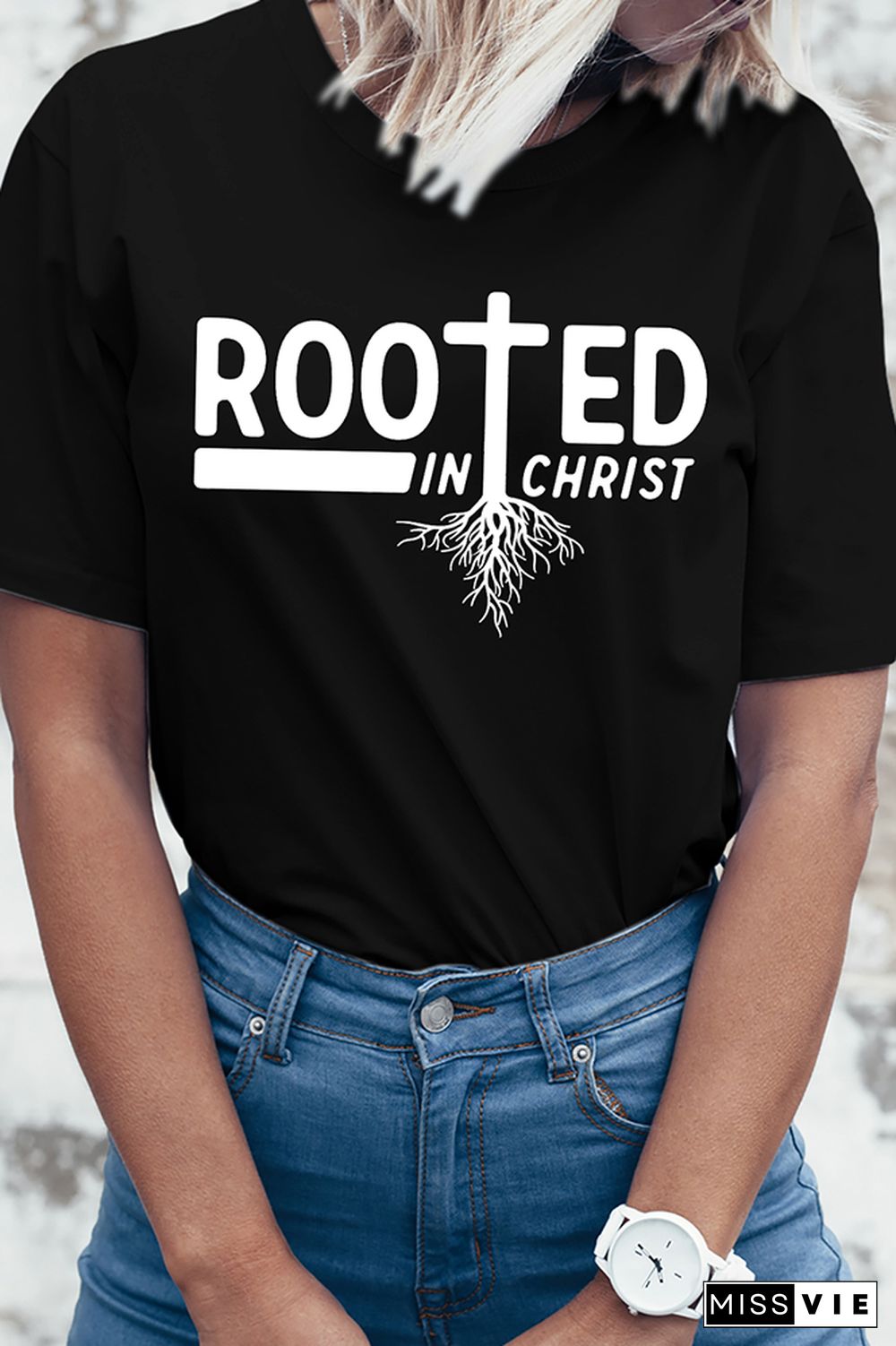 Rooted In Christ Printed Graphic Tees for Women Wholesale Short Sleeve T shirts Top