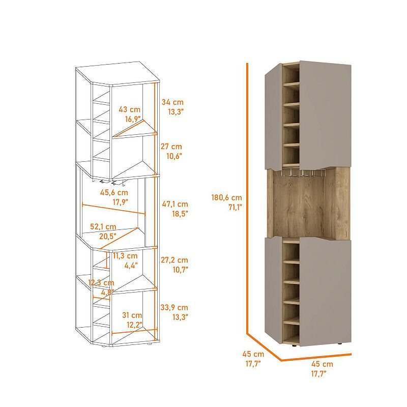 Lyla Corner Bar Cabinet， Ten Built-in Wine Rack， Four Door Cabinet， Four Interior Shelves