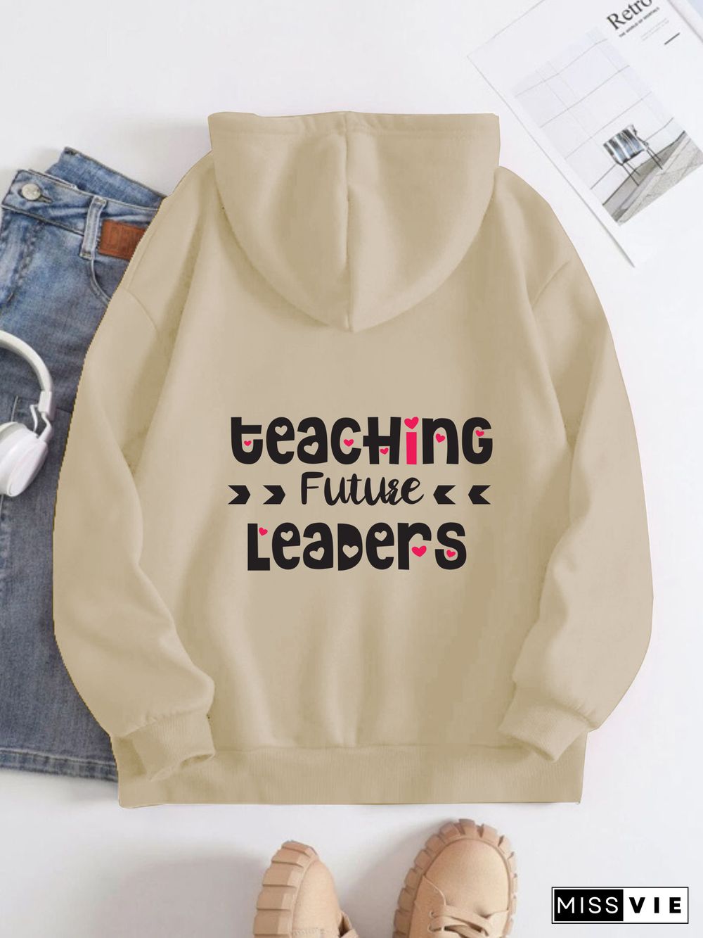 Printed on the Back Kangaroo Pocket Hoodie Long Sleeve for Women Pattern Teacher's Day greetings