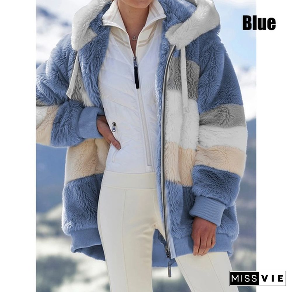 Plus Size Winter Women's Plush Coat Fashion Casual Stitching Plaid Ladies Clothes Hooded Zipper Ladies Parka Coat Cashmere Women Jacket Patchwork Outerwear Feminina Blouson Femme