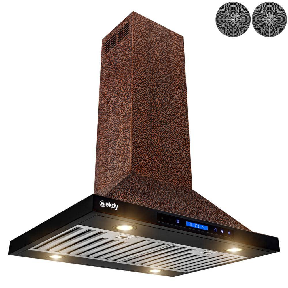 AKDY 30 in 343 CFM Convertible Island Mount Range Hood with LED Lights and Touch Panel in Embossed Copper