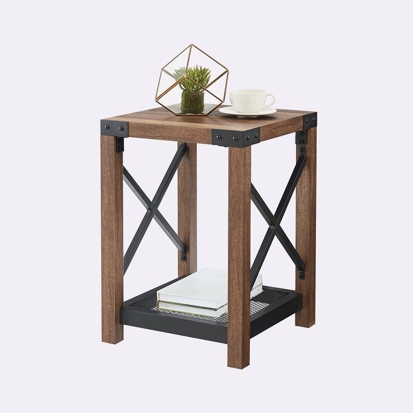 Farmhouse Wood Side Table with Mesh Shelf