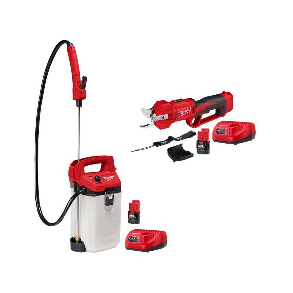 MW M12 FUEL 12V Brushless Cordless Brushless Cordless Pruner wM12 2 Gal. Handheld Sprayer (2) 2.0 Ah Battery Charger 2534-21-2825-21G2