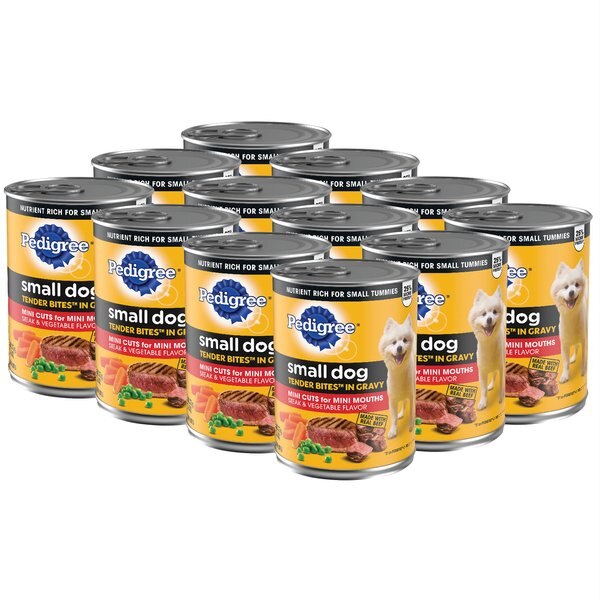 Pedigree Tender Bites in Gravy， Steak and Vegetable Flavor Canned Wet Dog Food， 13.2-oz can， case of 12