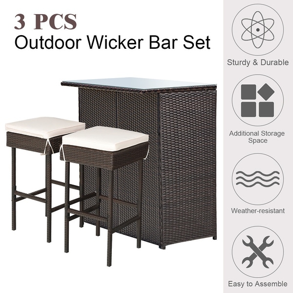 Costway 3PCS Patio Rattan Wicker Bar Table Stools Dining Set Cushioned