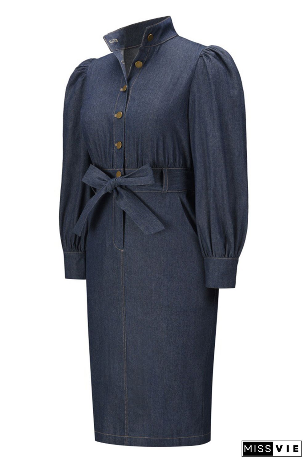 Vintage Waist Tie Button Denim Dress