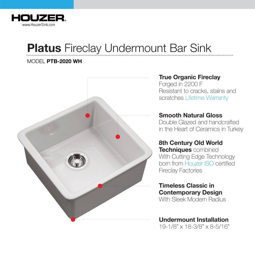 HOUZER Platus Fireclay 19 in. Square Undermount Bar Sink in White PTB-2020 WH