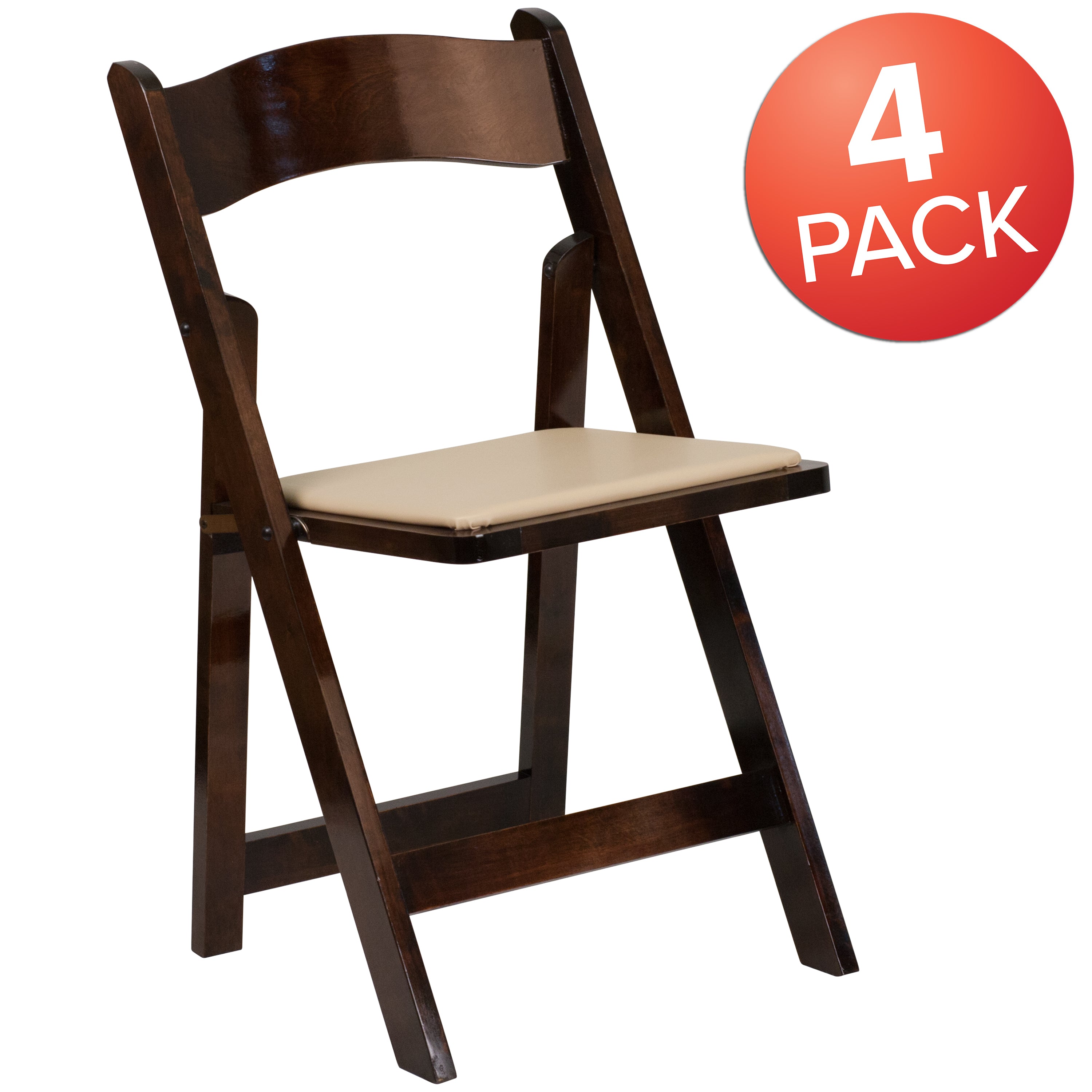 BizChair 4 Pack Fruitwood Wood Folding Chair with Vinyl Padded Seat