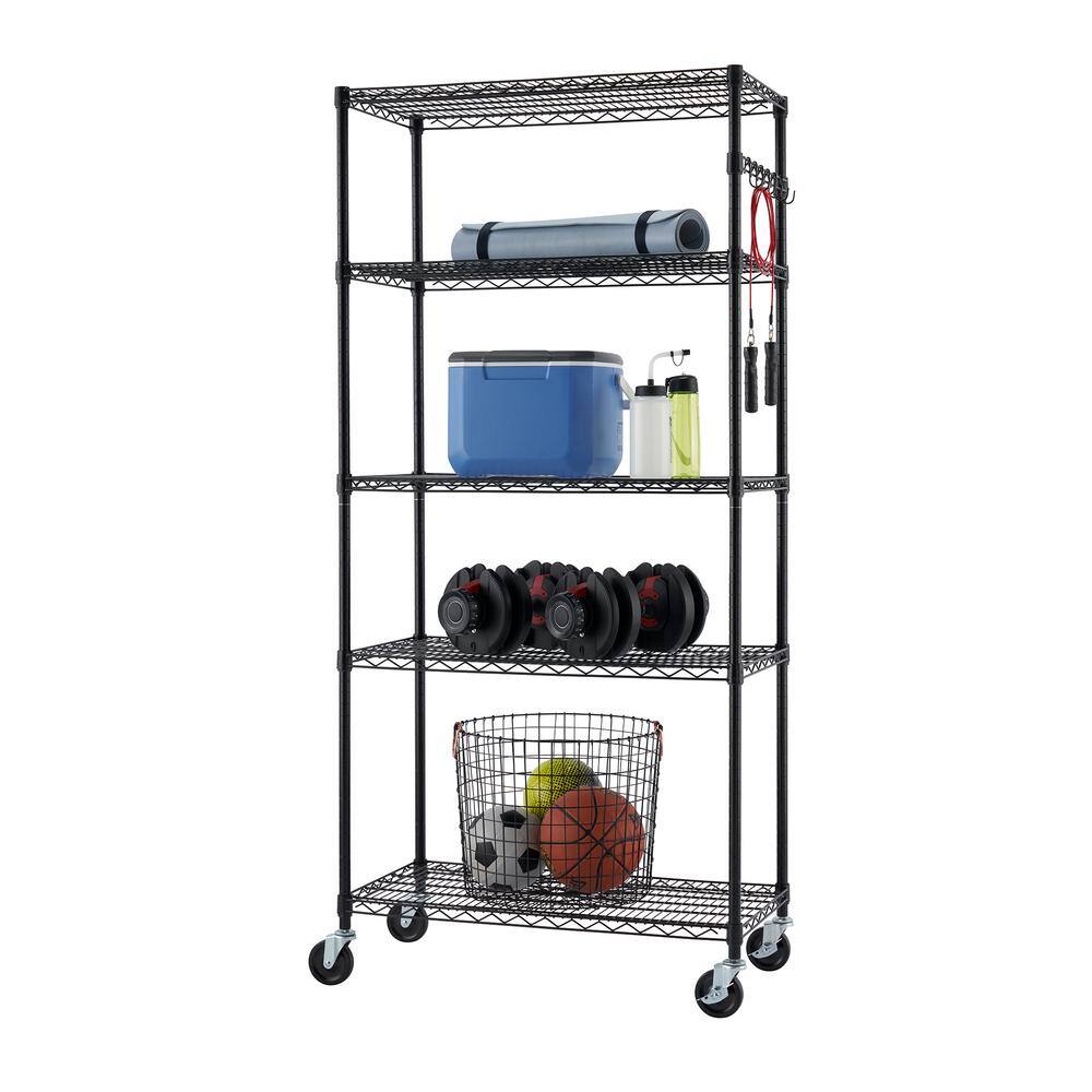 TRINITY Black 5-Tier Rolling Steel Wire Garage Storage Shelving Unit w Sidebar and Wheels ( 36 in. W x 77 in. H x 18 in. D ) TBFPBK-0906