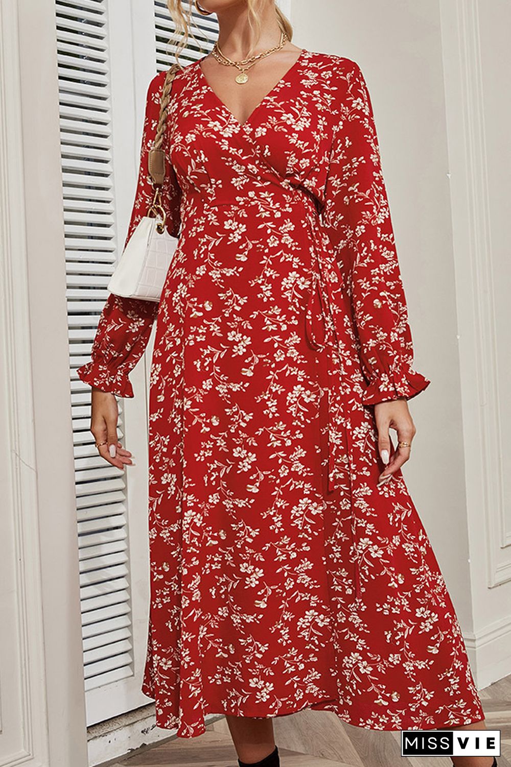 Floral Print V-neck Long Sleeve Dress Women Wholesale