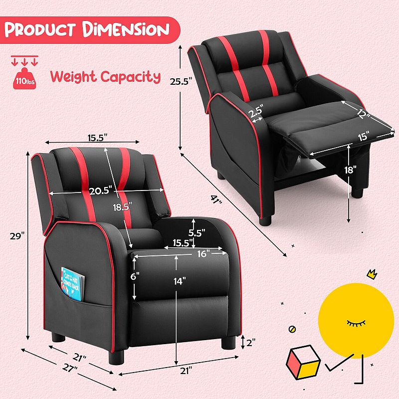 Kids Recliner Chair with Side Pockets and Footrest