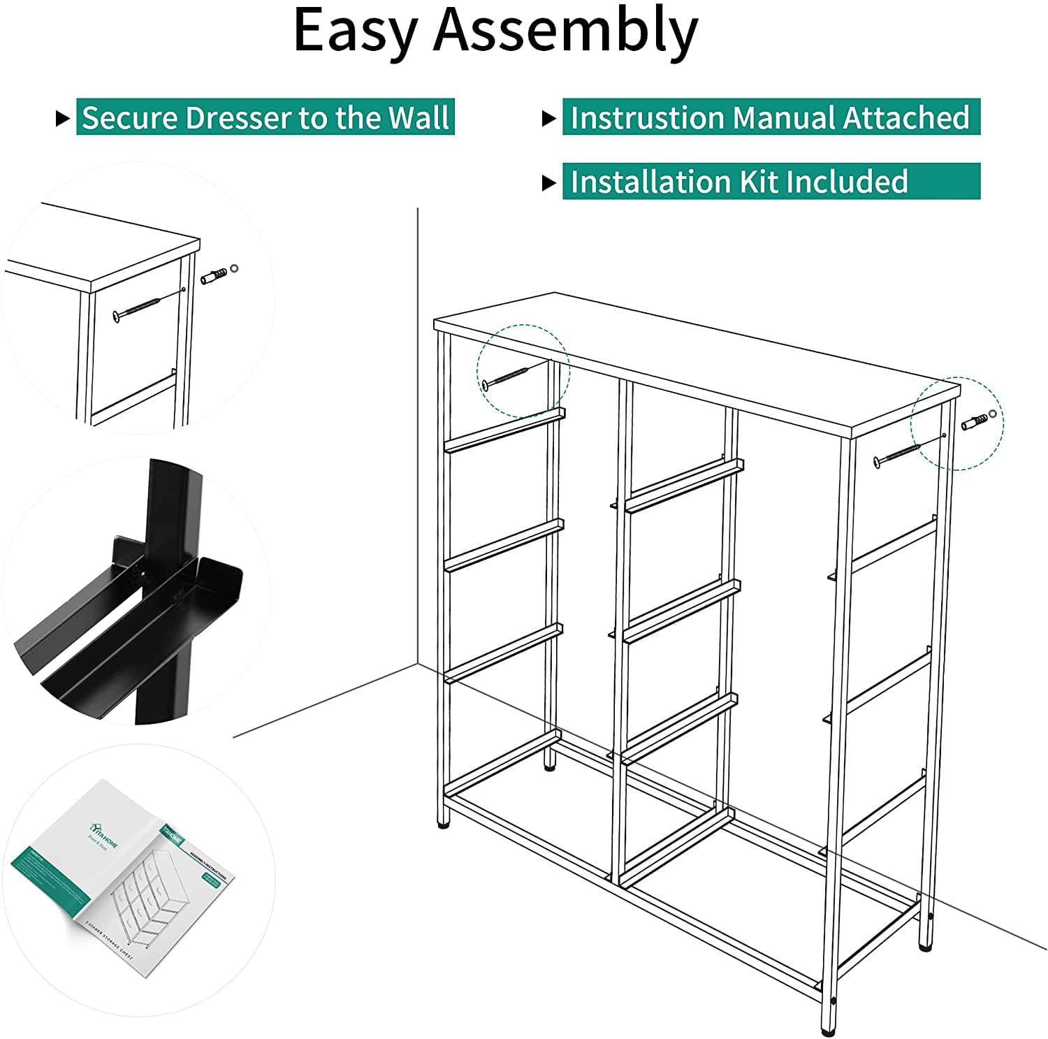 YITAHOME 8 Drawers Dresser Bedroom Bins Organizer High Storage Tower Furniture, Black Gray