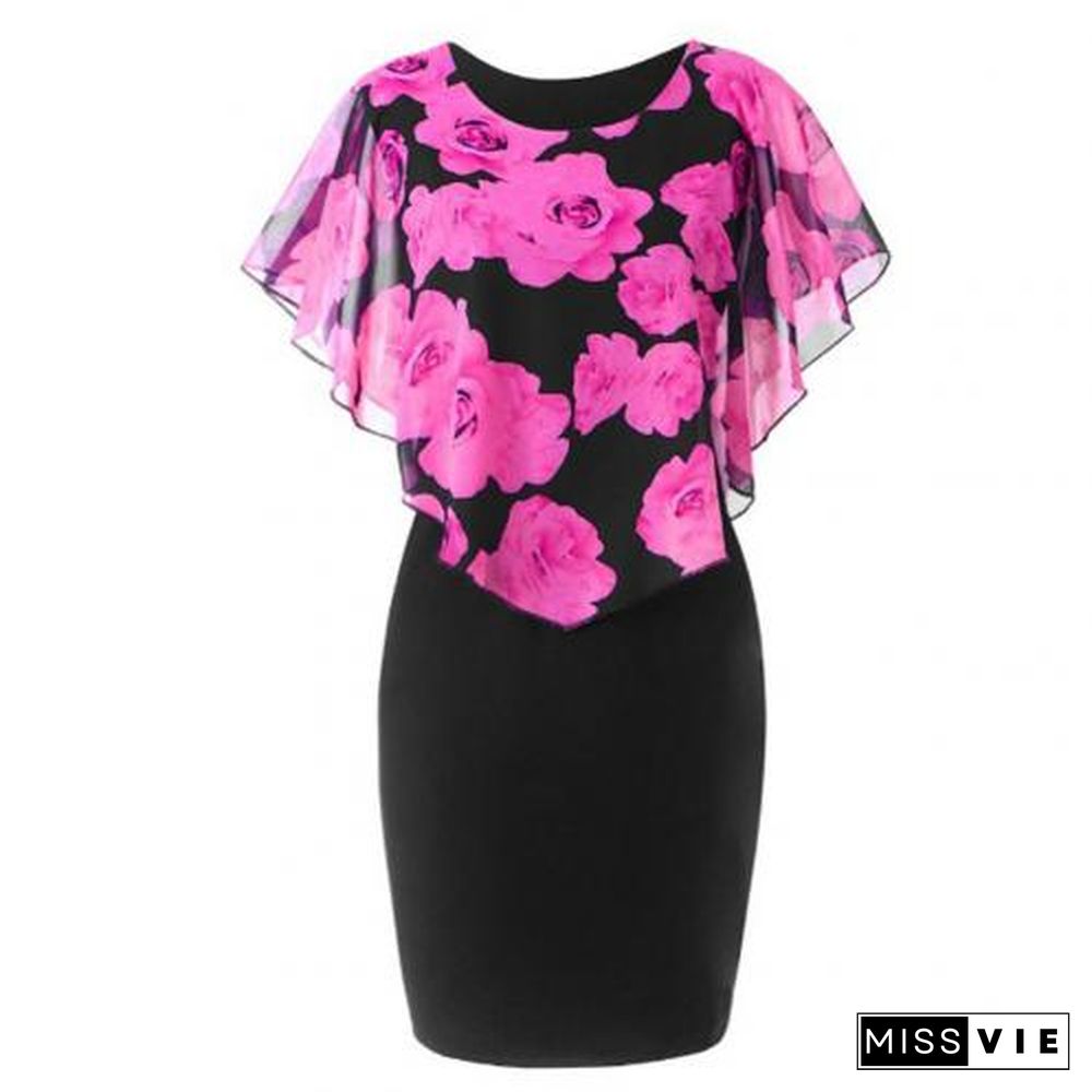 Plus Size Womens Dress Elegant Office Lady Rose Flower Print Cape Bodycon Knee Length Dress