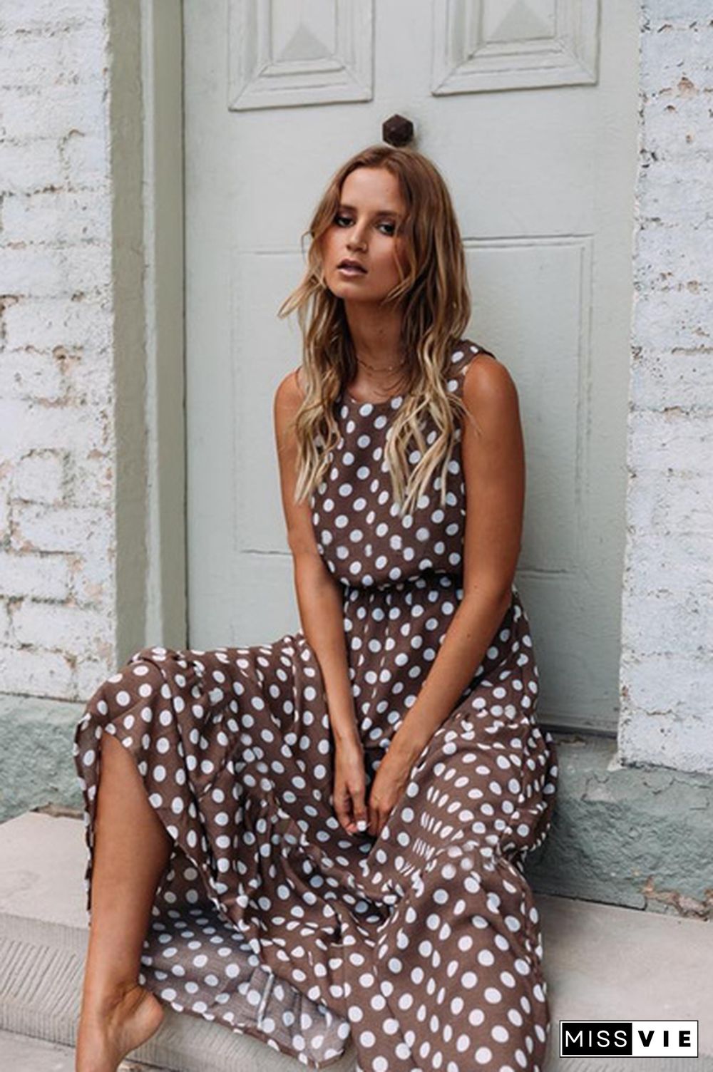 Summer Women New Fashion Sleeveless Polka Dot Maxi Dresses High Waist Casual Beach Long Dress