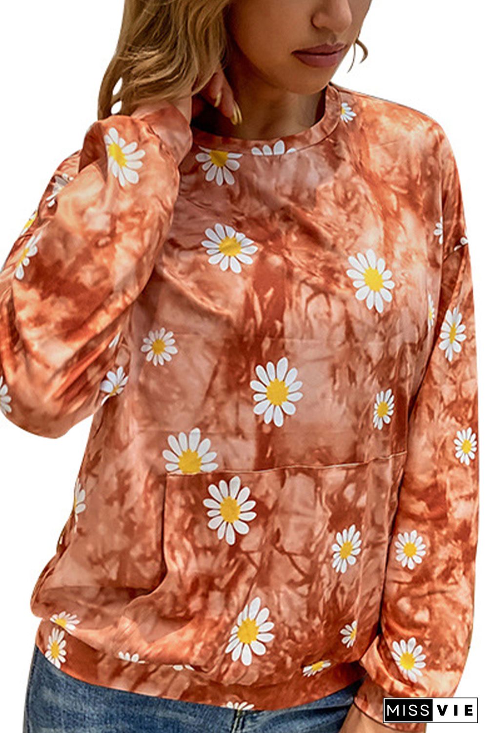 Kangaroo Pocket Daisy Print Tie Dye Sweatshirt