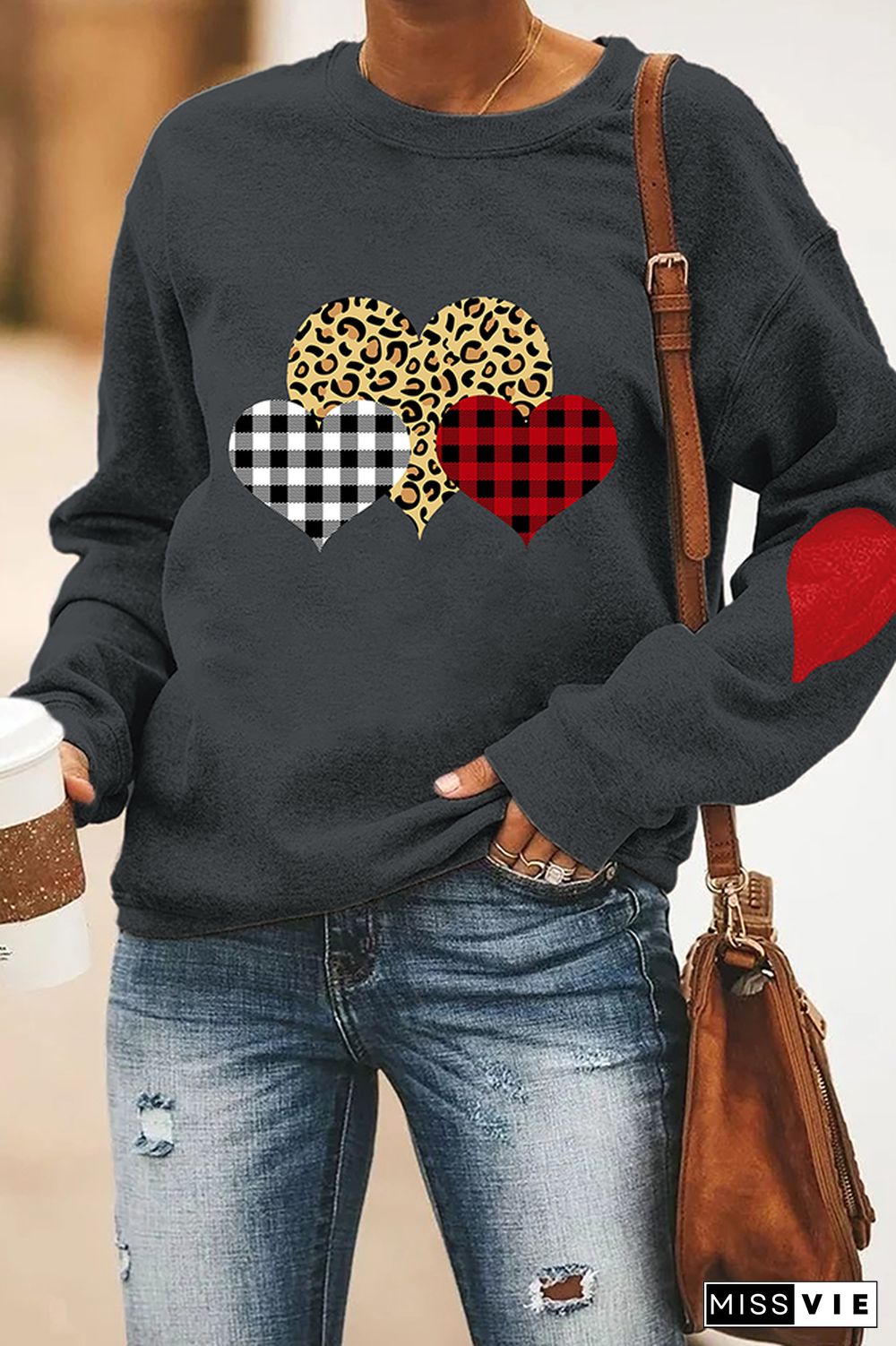 Plaid Leopard Heart Print Valentine's Day Longsleeve Sweatshirt Wholesale