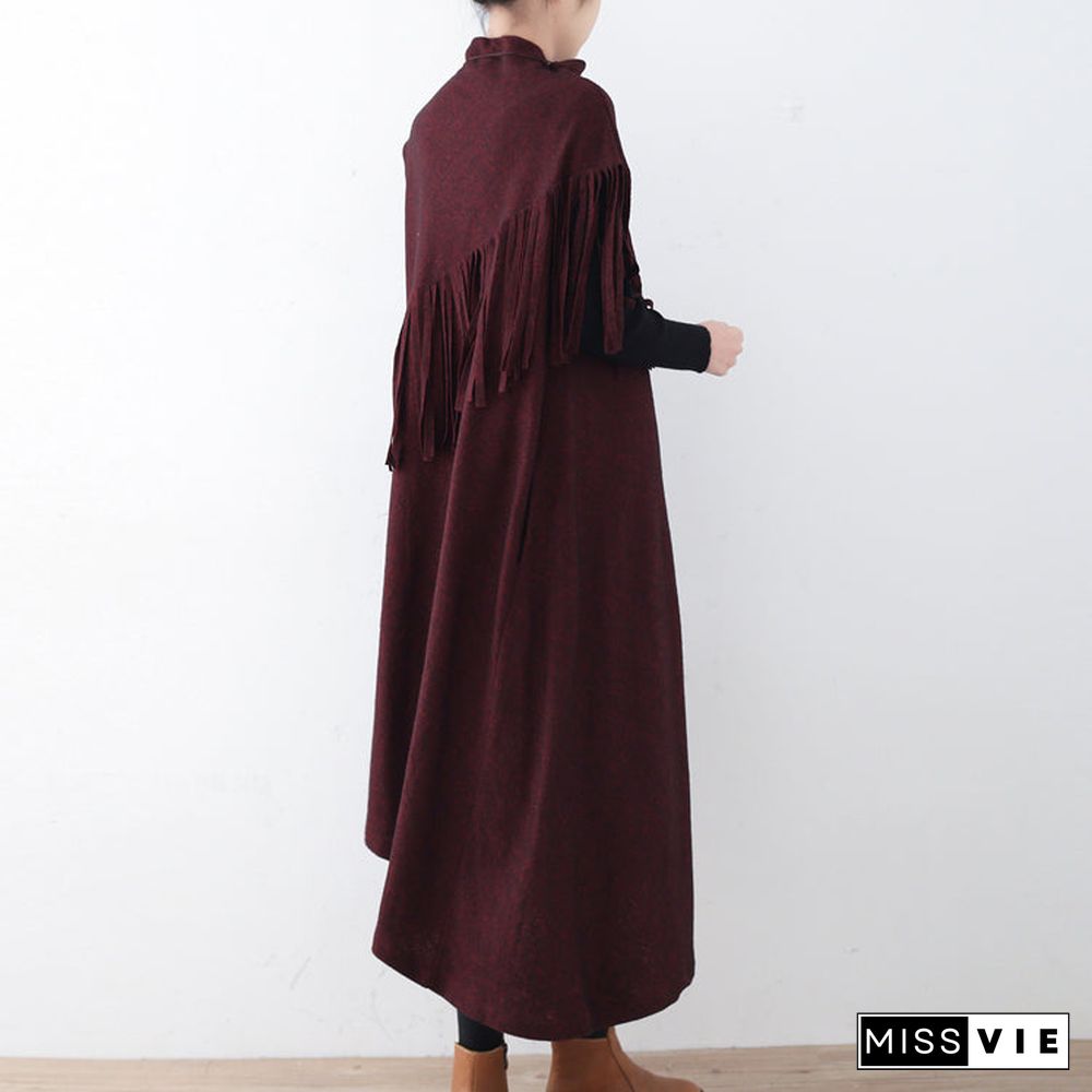 Fine burgundy long woolen trendy plus size tassel fall dresses Elegant asymmetric hem winter dress