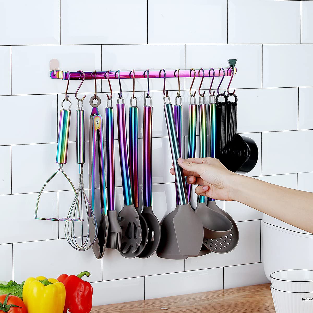 Just Houseware 38 Pcs Silicone Kitchen Cooking Utensil Setwith Utensil Rack, Food Grade Silicone Spatula Set, Non-stick Heat Resistant Silicone Cookware with Strong Stainless Steel Handle(Rainbow)