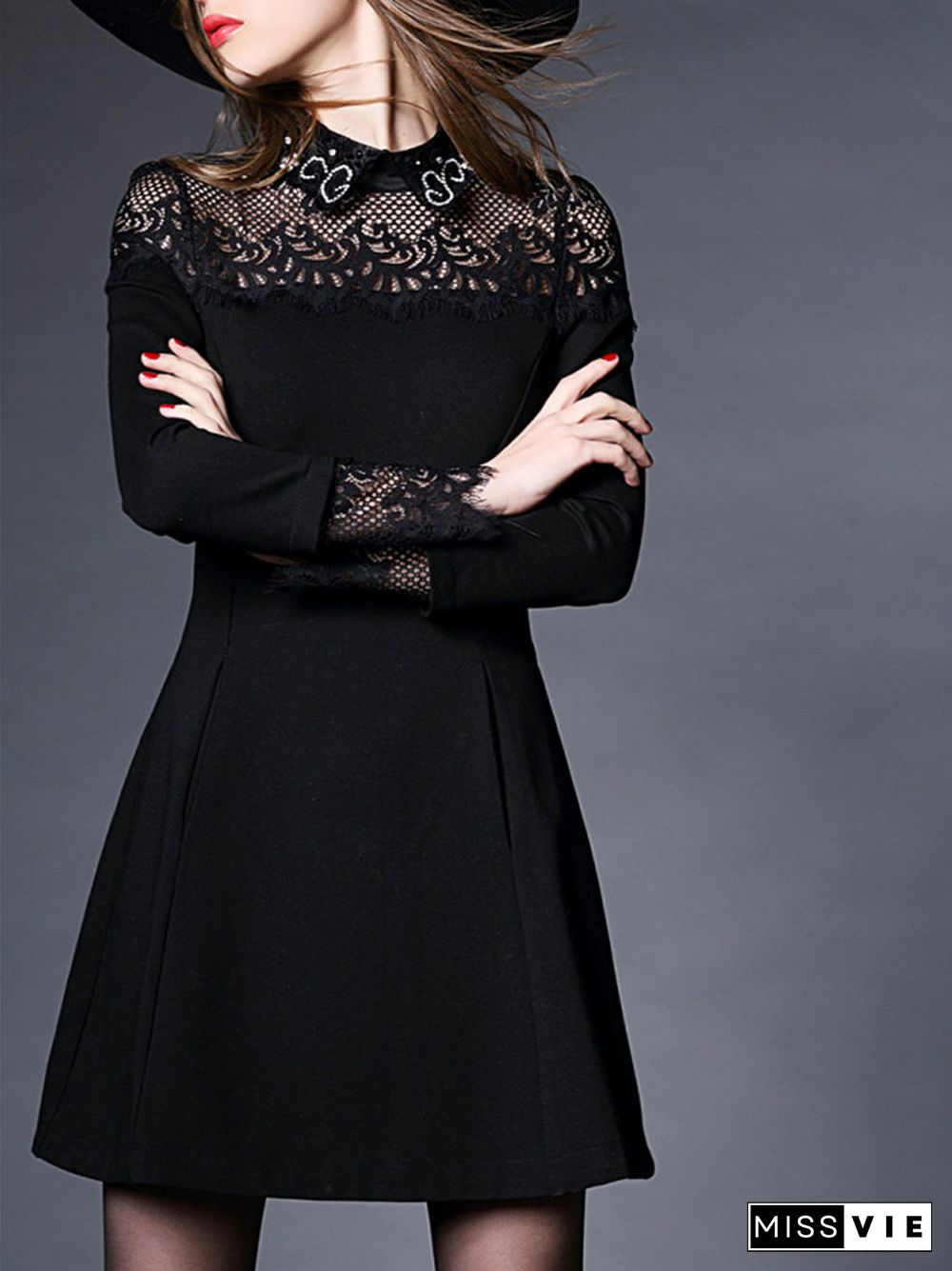 Elegant Lace Patchwork Black Slim Long Sleeve Zipper A-line Dress