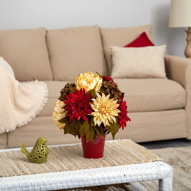 Nearly Natural 14-in Peony， Hydrangea And Dahlia Artificial Arrangement In Burgundy Vase