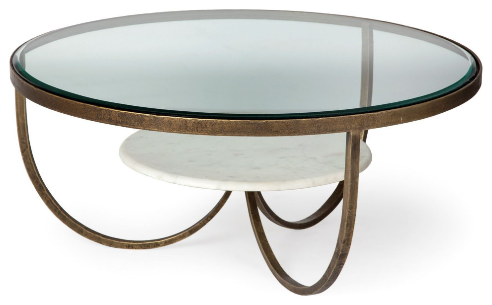 HomeRoots 36 quotRound Glass Top Marble Shelf Gold Base Coffee Table   Transitional   Coffee Tables   by UStradeENT LLC  Houzz