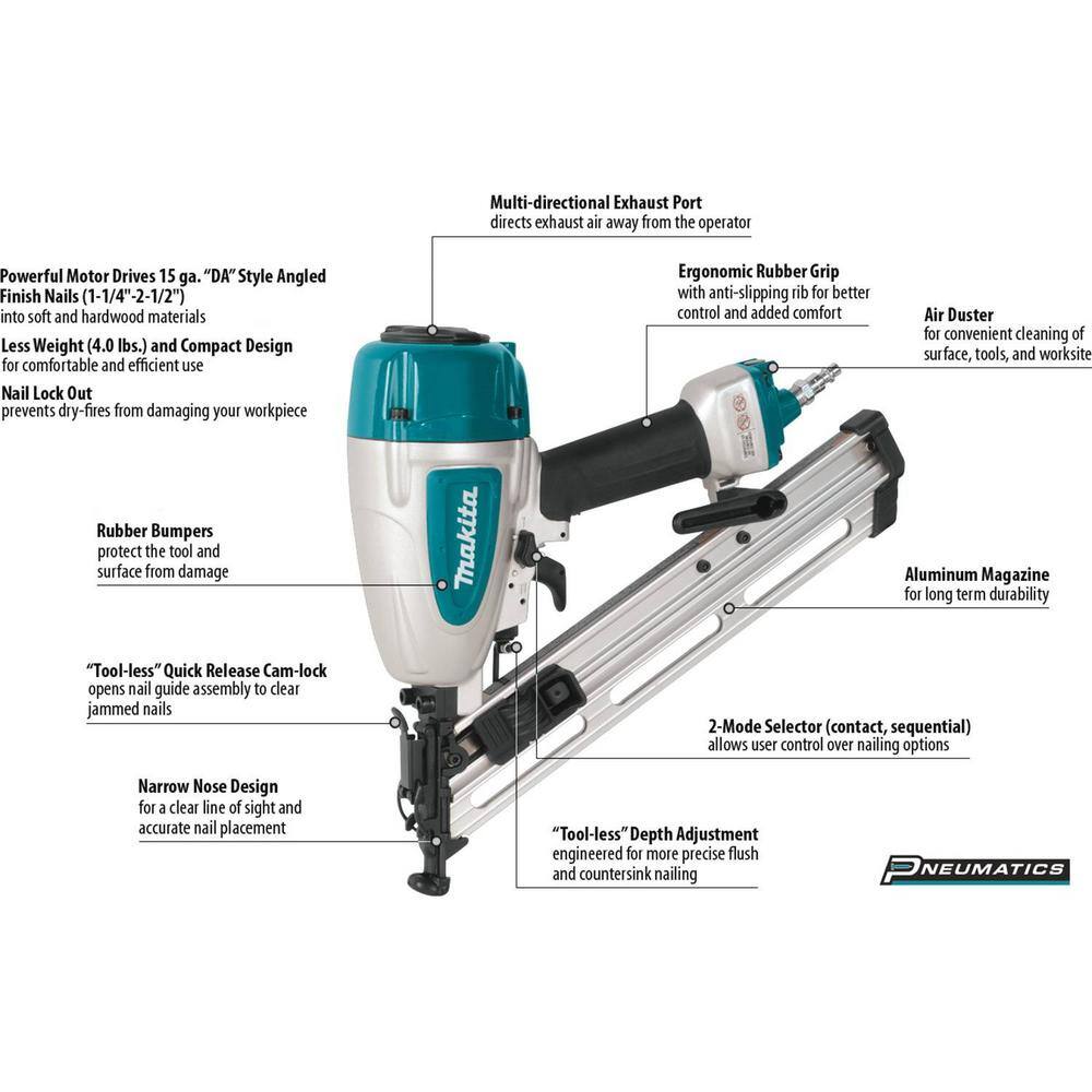 Makita Pneumatic 15-Gauge 2-12 in. Angled Finish Nailer AF635