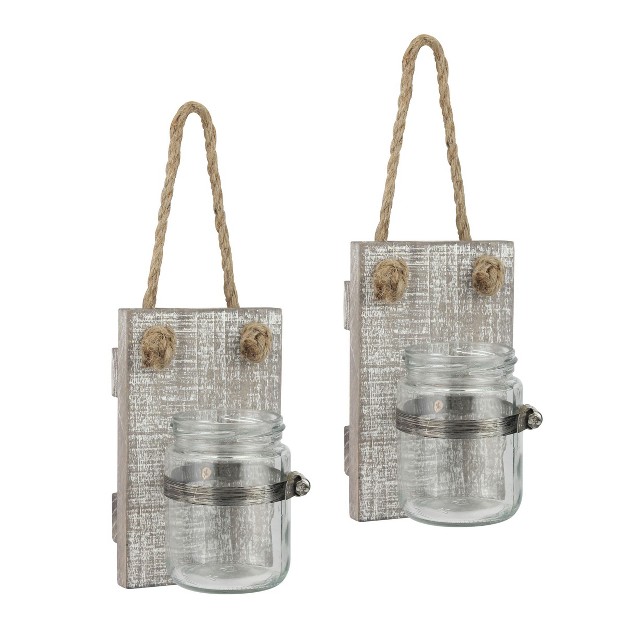 X 5 5 quot Rustic Wooden Mason Jar Wall Sconce Set Worn White brown Stonebriar Collection