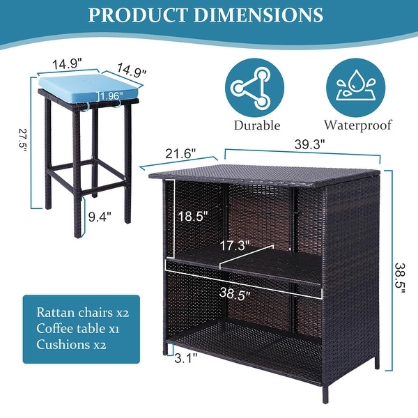 3 Piece Patio Bar Set，Outdoor Bar Table and Chairs Set for 2，Tiki Wicker Bar Table Set with Stools and Removable Cushions