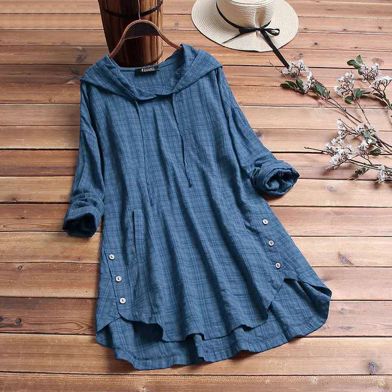 Plaid Long Sleeve Casual Hooded Blouse