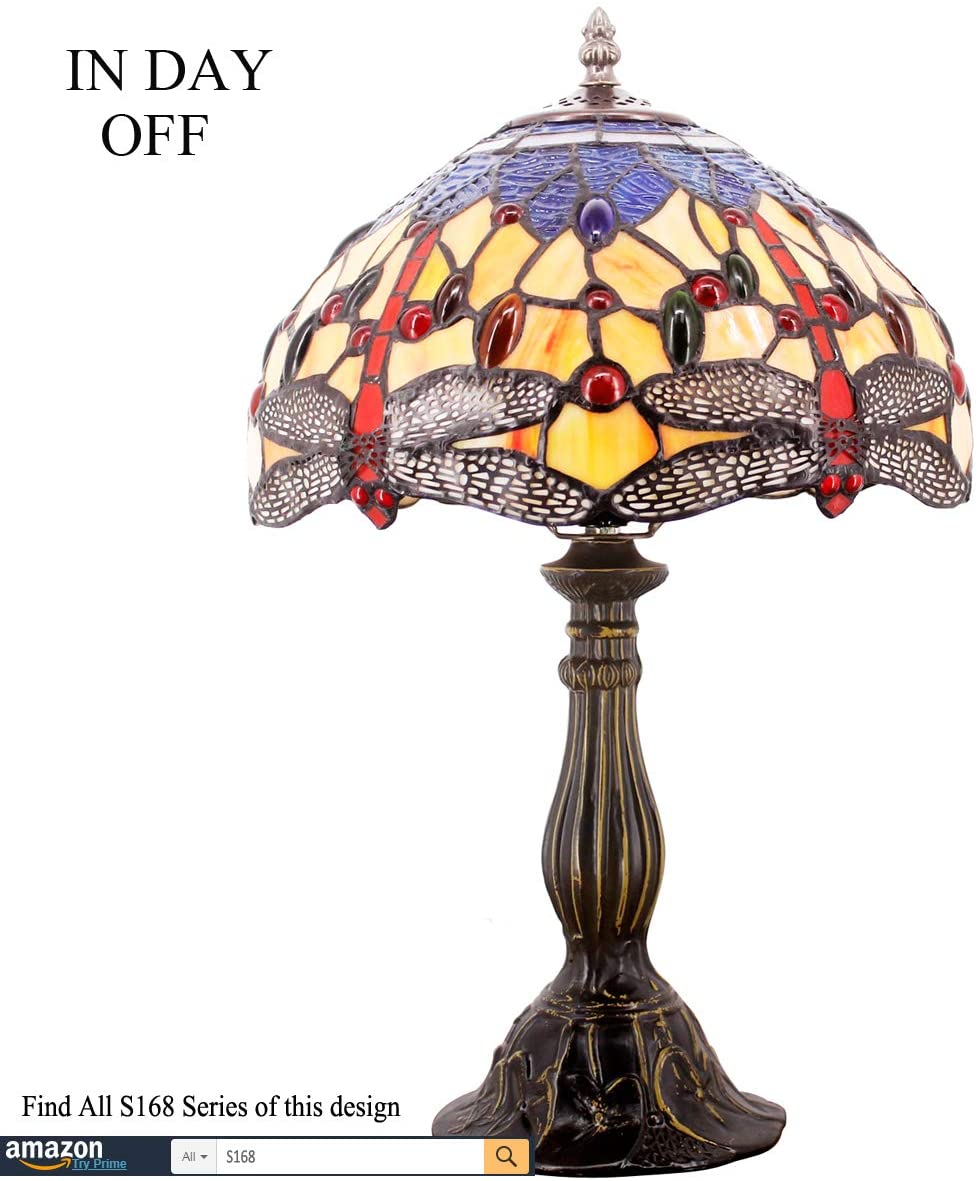 SHADY Tiffany Lamp Stained Glass Bedside Table Lamp Orange Blue Dragonfly Style Reading Desk Light 12X12X18 Inches Decor Bedroom Living Room Home Office S168 Series