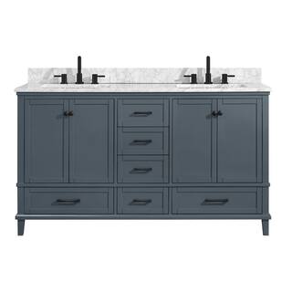 Home Decorators Collection Merryfield 61 in. W x 22 in. D x 35 in. H Freestanding Bath Vanity in Dark Blue-Gray with Carrara White Marble Top 19112-VS61-DG