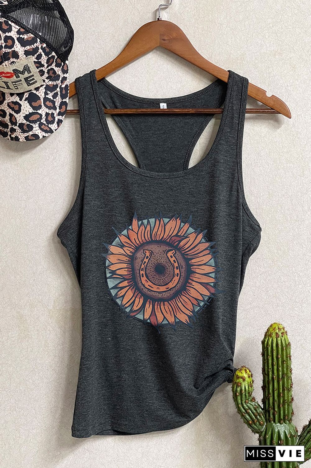 SUNFLOWER & HORSESHOE Printed Sleeveless Tank Top Wholesale