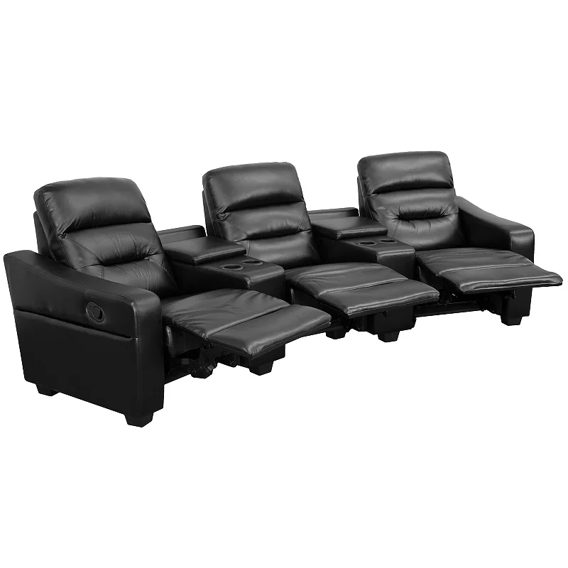 Emma and Oliver Black LeatherSoft 3-Seat Reclining Theater Unit-Cup Holders