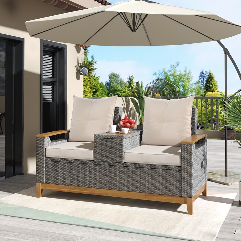 Outdoor Patio Sofa Adjustable Loveseat with Storage Armrest