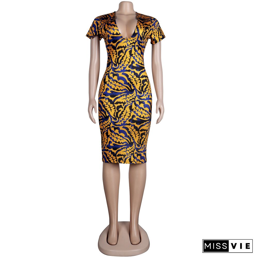 Pattern Printing Deep-V Short Sleeve Midi Dress