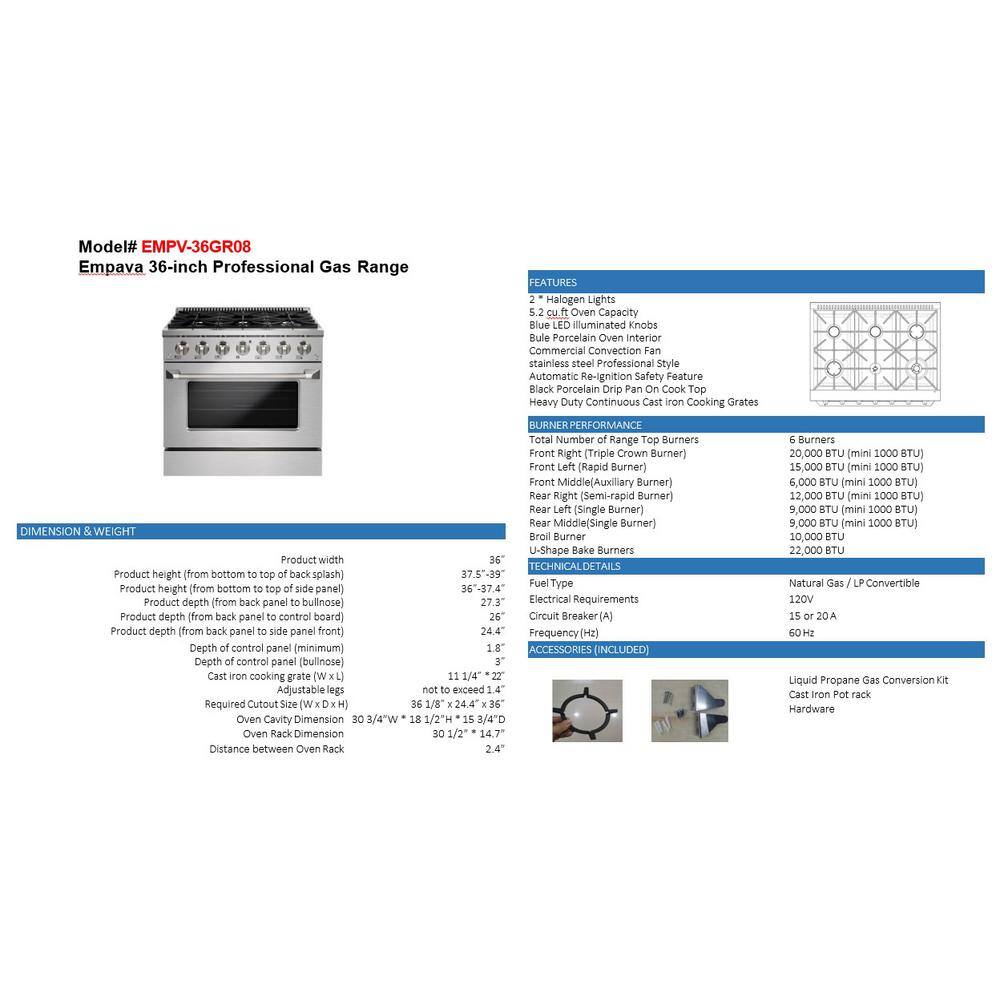 Empava 36 in. 5.2 cu. ft. Single Oven Slide-In with 6 Burners Gas Range in Stainless Steel EPV-36GR08